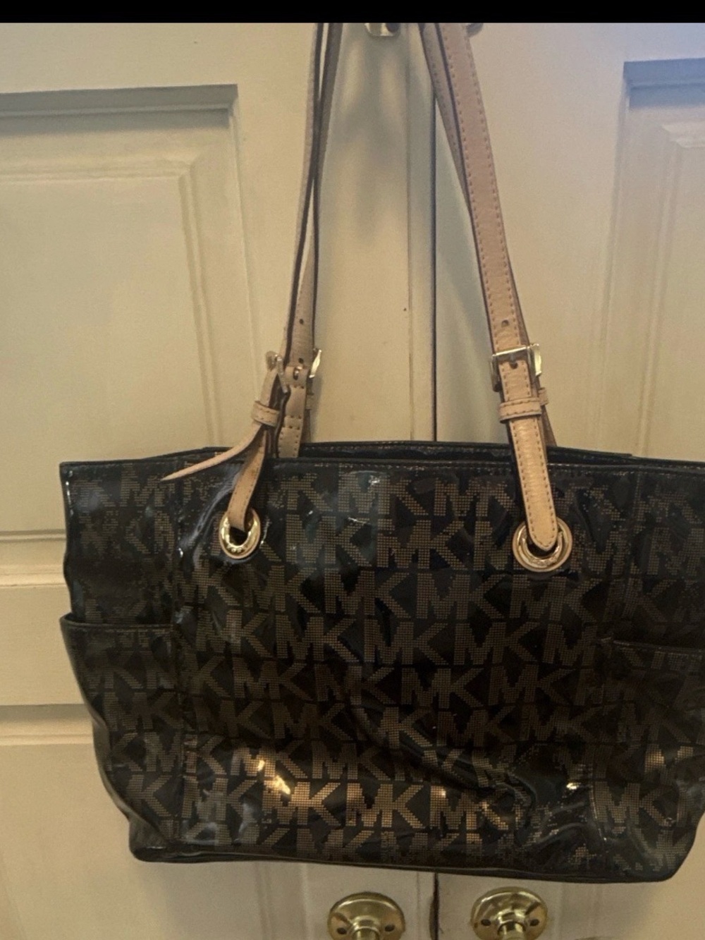 Michael Kors Black MK Logo Tote with Tan Shoulder Straps